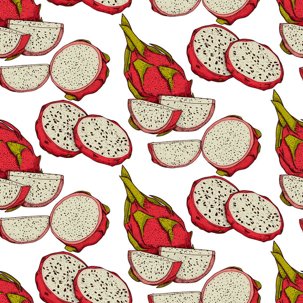 Modello vettoriale disegnato a mano senza cuciture di pitaya. Illustrazione del frutto del drago. Delizioso modello vegetariano tropicale. Uso per ristorante, menu, ciotola del frullato, mercato, deposito, decorazione del partito, pasto - Foto, immagini