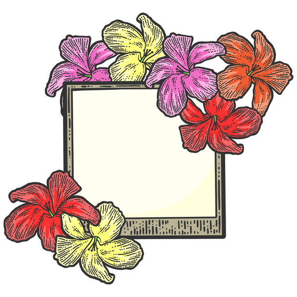 Leerer Rahmen mit Blütenfarbe. Leerzeichen für Text. Skizze Scratch Board Imitation. - Vektor, Bild