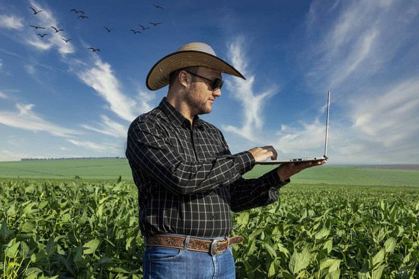 Mladý agronomista v klobouku drží zápisník v sójovém poli. - Fotografie, Obrázek