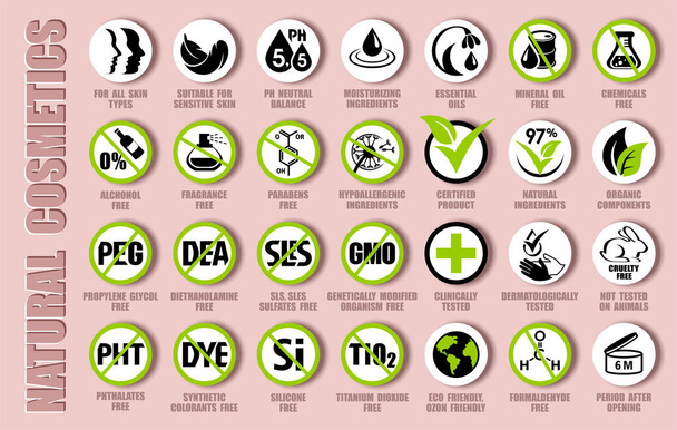 Conjunto de iconos del paquete de vectores de cosméticos naturales, signos de componentes orgánicos, pictogramas de ingredientes biológicos, etiquetas ecológicas, embalaje de productos biológicos - Vector, imagen
