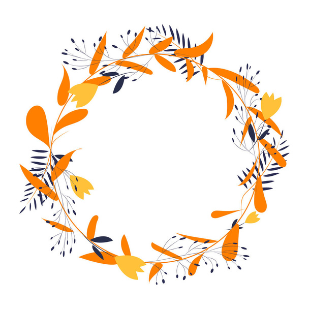 Cute bright wreath frame with flowers and branches in orange tones. Botanical floral design element in vector for invitations, postcards, posters. - ベクター画像