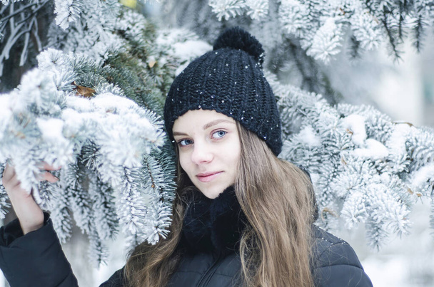 mysterious portrait of a woman in winter, a girl's look through frosty branches, beautiful eyes, frosty cold day - Foto, imagen