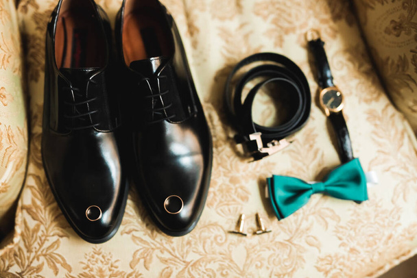 Mens accessories with luxury shoes. Top view - Fotó, kép