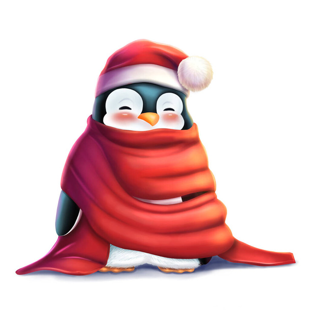 Grazioso pinguino invernale con cappello rosso e sciarpa isolata su sfondo bianco. Illustrazione del carattere per i libri dei bambini, cartoline, adesivi, saldi invernali, Buon Natale e felice anno nuovo biglietti di auguri - Foto, immagini