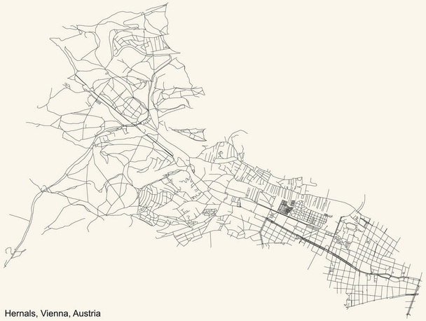 Černá jednoduchá podrobná mapa ulic na vinobraní béžové pozadí okolí čtvrti Hernals ve Vídni, Rakousko - Vektor, obrázek