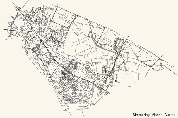Schwarze, einfache, detaillierte Straßenkarte auf beigem Hintergrund des Wiener Bezirks Simmering, Österreich - Vektor, Bild