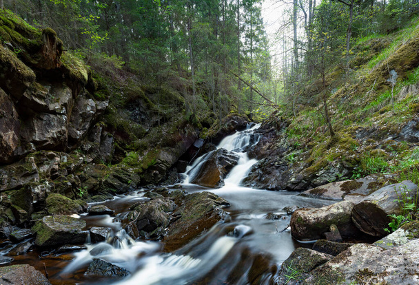 Hassafallen Superbe cascade et faibles rayons du soleil dans la forêt sauvage rurale en dehors de Jonkoping Suède et à proximité Taberg Stream. Suède Rivières et cascades dans la réserve naturelle. - Photo, image