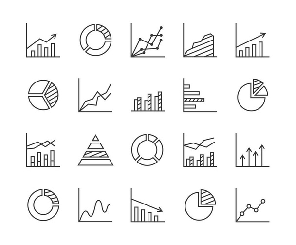 Statistics - line icon set. Collection of 20 graphs, charts, diagrams... Infographics, data analysis, stats tools. Isolated on white background. Vector illustration. - Vecteur, image