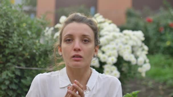 Dívka kýchá, protože je alergická na kvetení během jara na bílých chryzantémech na pozadí, koncept přecitlivělosti - Záběry, video
