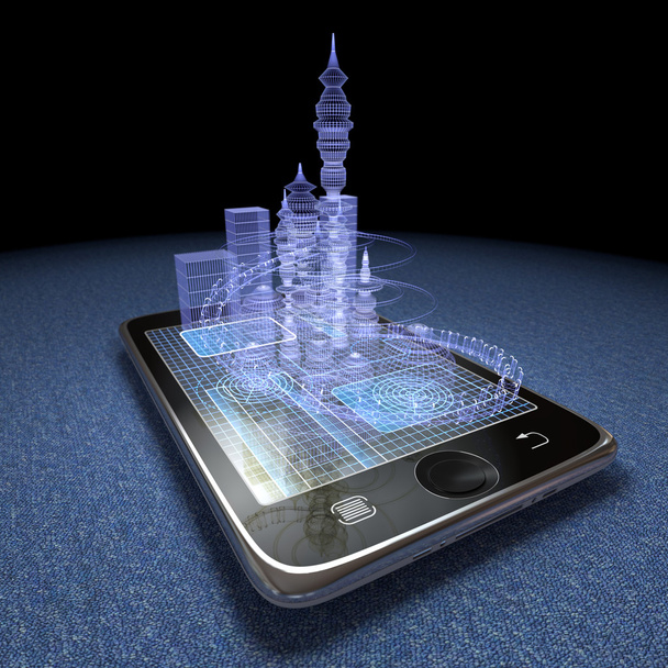 Digital tablet and futuristic town as progress concept background - Fotoğraf, Görsel