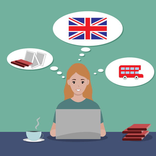 Девушка сидит за ноутбуком и изучает английский язык онлайн. Милосердная девушка сидит за столом с чаем и книгами. Английский флаг. иллюстрация - Фото, изображение