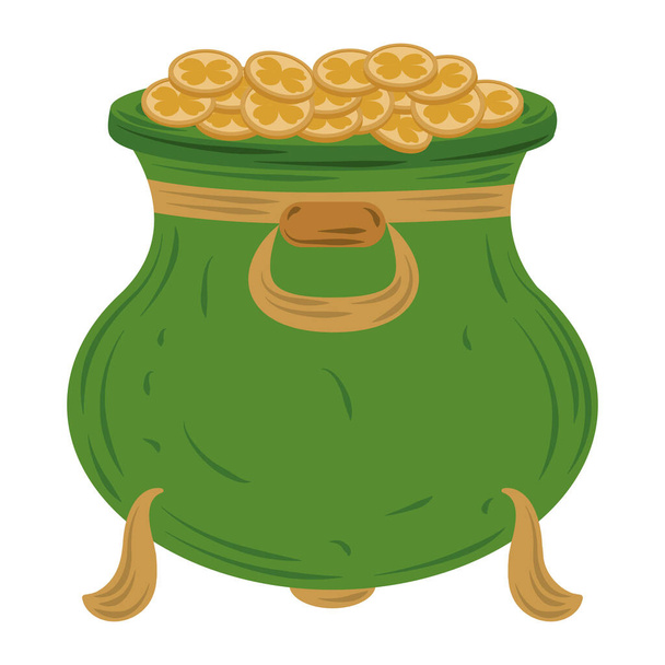 heureux st patricks jour chaudron vert avec icône pièces vecteur plat - Vecteur, image