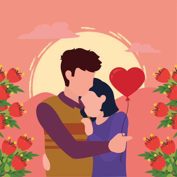 Happy valentines day couple with flowers and heart balloon vector design - Vector, Image