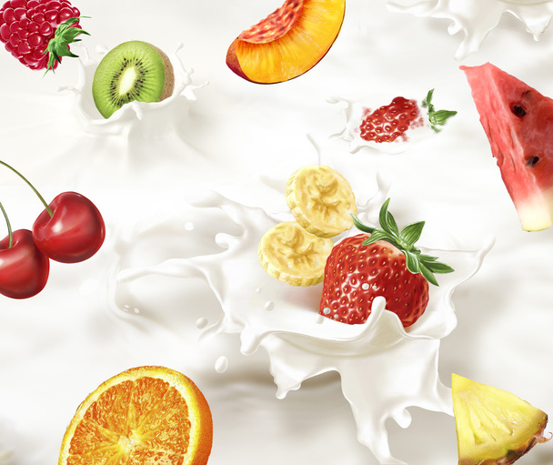 Various fruits falling into a sea of milk, causing  splashes. - Photo, Image