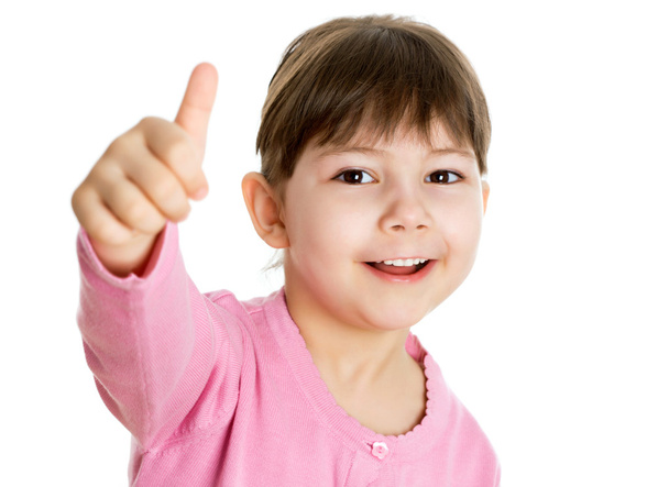 Cheerful girl showing thumb up - Foto, afbeelding