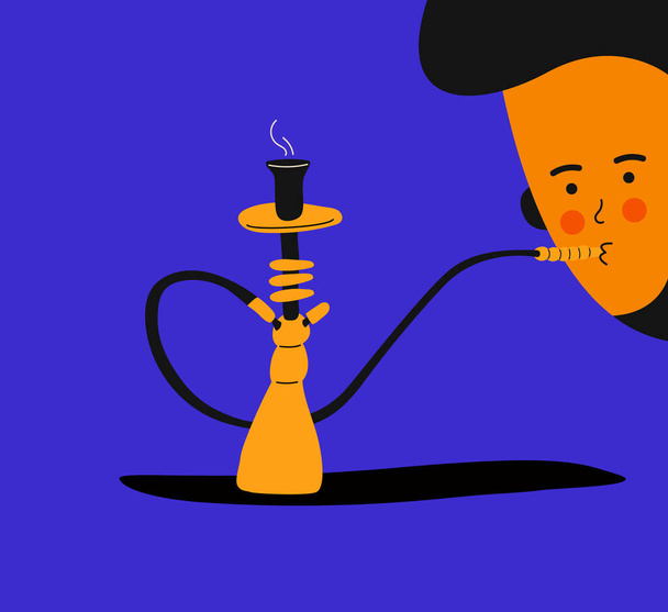 Shisha-Bar. Hakenkreuz-Rauchen. Hakenkreuz in trendigen Farben und angesagten flachen Stil mit einem Mann, der es raucht. Teer zum Rauchen. Shisha im Cartoon-Stil. - Vektor, Bild
