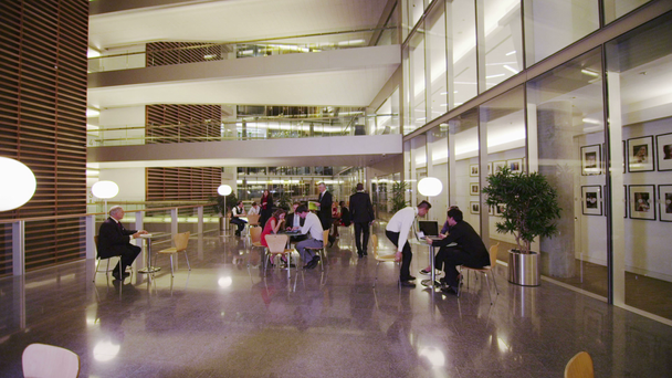 Diverso grupo de empresarios en el vestíbulo de un moderno edificio de oficinas corporativas
 - Metraje, vídeo