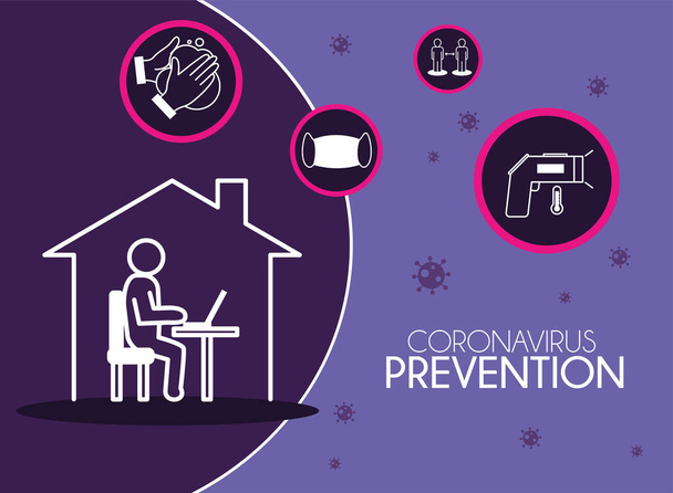 koronavirová prevence a práce doma s ikonami vektorové konstrukce - Vektor, obrázek
