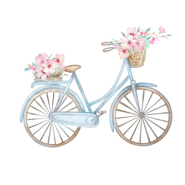 Ручна намальована акварельна ілюстрація - романтичний синій велосипед з квітковим кошиком в пастельних тонах. Міський велосипед. Ідеально підходить для запрошень, вітальних листівок, плакатів, принтів
. - Вектор, зображення