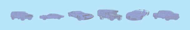 様々なモデルの車の漫画のアイコンデザインテンプレートのセット。青の背景に隔離された現代のベクターイラスト - ベクター画像
