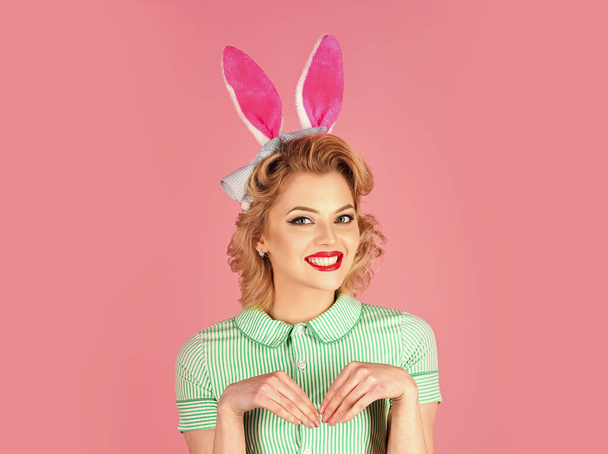 Easter pinup woman, girl in rabbit ears. Funny easter concept. - Foto, Imagem