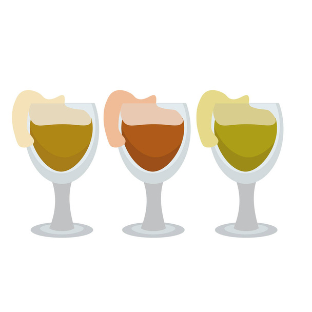 Набор бокалов с пивом в плоском стиле, пенный напиток различных оттенков, три бокала на широкой векторной иллюстрации ног - Вектор,изображение
