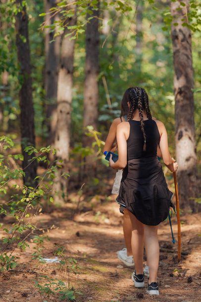 Дві жінки кавказькі друзі ходять в лісі на горі в гарний сонячний день
. - Фото, зображення