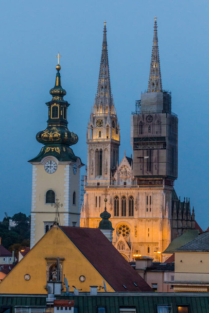 Evening view of Zagreb cathedral, Croatia - Fotoğraf, Görsel