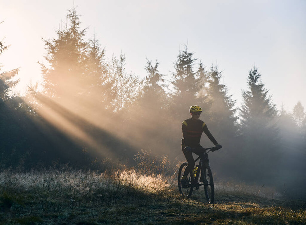 Hombre ciclista en traje de ciclismo montar en bicicleta cerca del bosque iluminado por la luz del sol de la mañana. Bicicleta en bicicleta en la colina cubierta de hierba por la mañana. Concepto de deporte, ciclismo y ocio activo. - Foto, imagen
