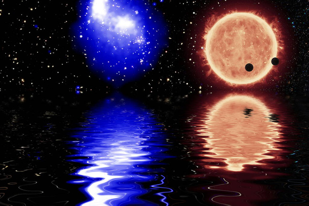 Hermoso planeta espacial inusual en el espacio reflejado en el agua, galaxia estrellas cielo nocturno, elementos de esta imagen Amueblado por la NASA , - Foto, imagen
