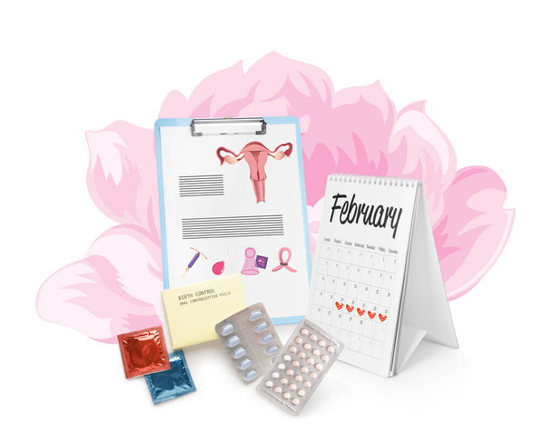 Calendar, clipboard and different contraceptive means on white background - Photo, Image