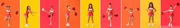 Set of beautiful cheerleaders on color background - Photo, Image