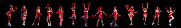 Set of beautiful cheerleaders on dark background - Photo, Image
