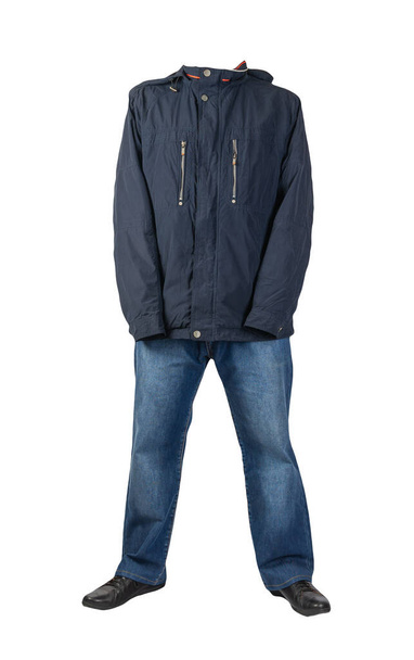 dark blue jeans, black leather shoes,dark blue jacket with a hood isolated on white background. Casual style - Φωτογραφία, εικόνα