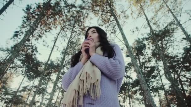Bella dama en suéter sostiene taza de bebida en el bosque de invierno - Metraje, vídeo