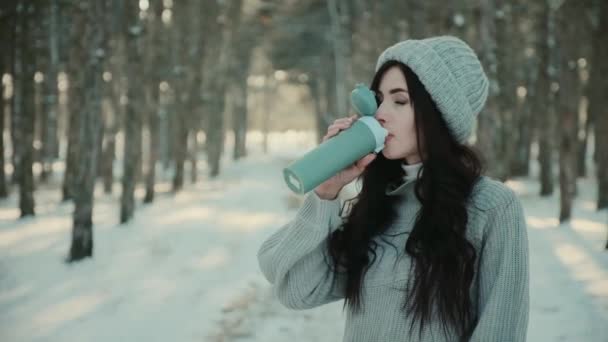 Mujer en suéter y sombrero bebe té caliente en el bosque de invierno - Metraje, vídeo