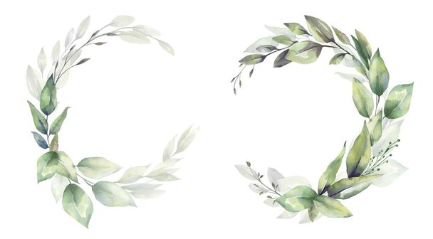 Conjunto de ilustración floral de acuarela - colección de marco de hoja verde, para papelería de boda, saludos, fondos de pantalla, moda, fondo. Eucalipto, aceituna, hojas verdes, etc.. - Foto, imagen