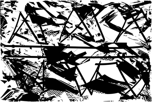 Gestresste achtergrond in zwart-wit textuur met stippen, vlekken, krassen en lijnen. Abstracte vectorillustratie. - Vector, afbeelding