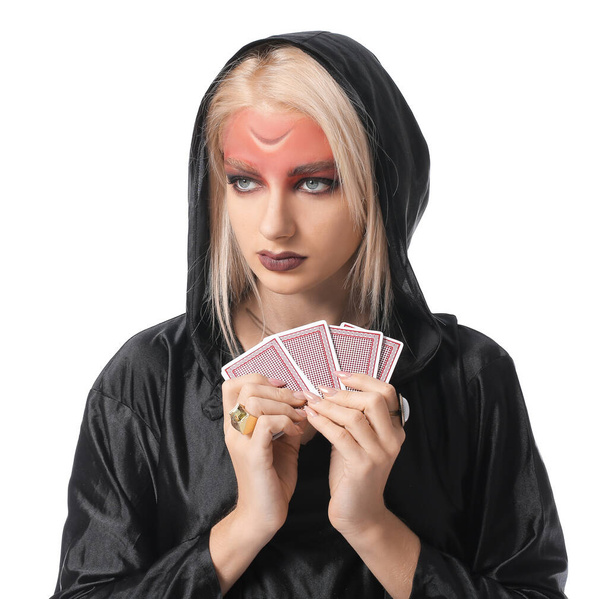 Fortune teller with cards on white background - Photo, Image