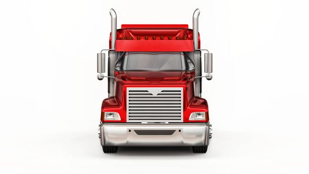 Grand camion américain rouge avec un camion à benne basculante de type remorque pour le transport de marchandises en vrac sur un fond blanc. Illustration 3d - Photo, image