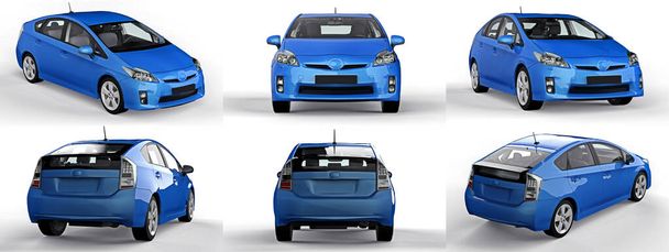 Set modern family hybrid blue car on a white background with a shadow on the ground. 3d rendering - Photo, Image