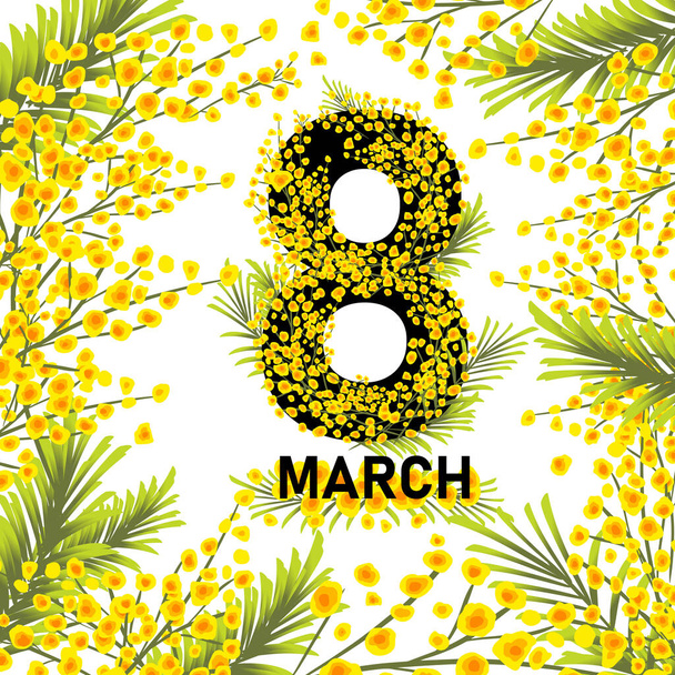 8 Mart 'ta kartpostal. Mimosa dalları. Vektör illüstrasyonu - Vektör, Görsel