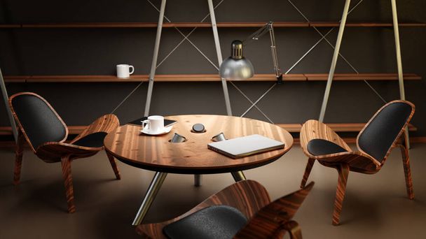 Interiér matně osvětlené místnosti se třemi židlemi a stolem je vyroben v moderním obchodním stylu. Židle, stoly a police jsou vyrobeny z tvarovaného dřeva. 3D ilustrace - Fotografie, Obrázek
