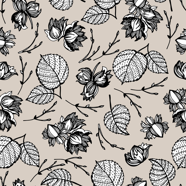 Pattern with nuts and leaves - Вектор,изображение
