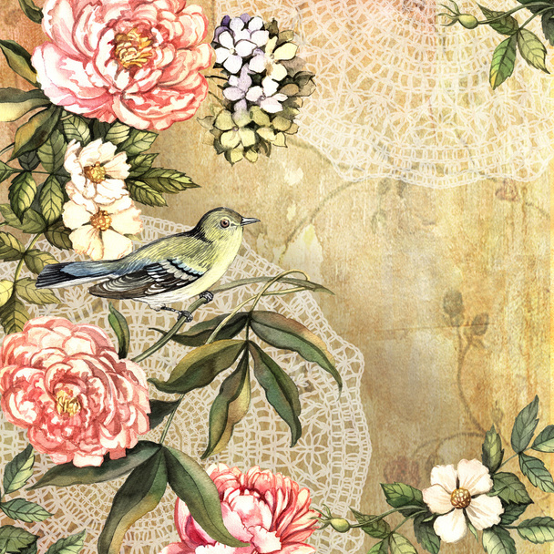 Vintage decorative watercolor background with bird and flowers - Foto, Imagem