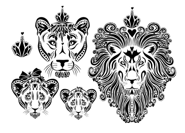 Rodzina lwów stylizowane twarze. Odciski koszulki. Rodzinne spojrzenie. Ilustracja wektora - Wektor, obraz