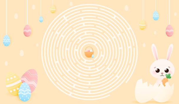 Printable educational maze for kids with cute easter bunny hiding in egg shell and holding carrot, easter theme for children books, worksheet for school or kindergarden - Vector, Image