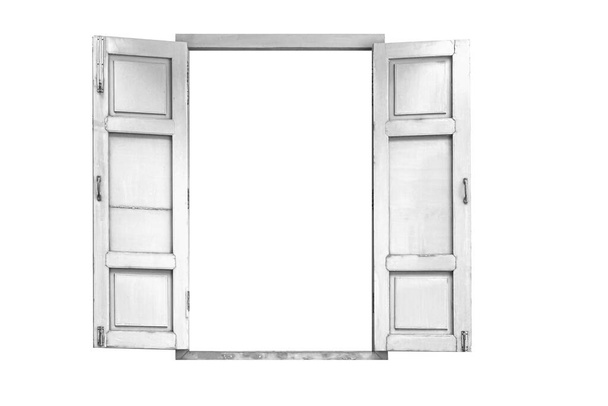Old wooden window frame painted white vintage isolated on a white background - Photo, Image