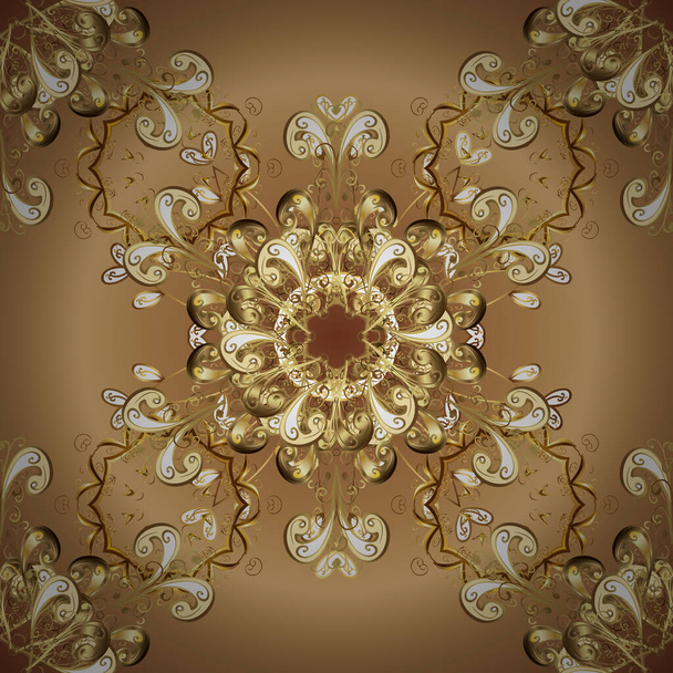 Floral ornament brocade textile pattern, glass, metal with floral pattern on beige and brown colors with golden elements. Classic vector golden seamless pattern. - Vector, Image