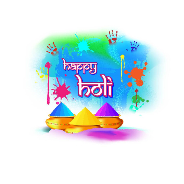 Vector illustratie van Happy Holi begroeting, geschreven Hindi tekst betekent dat het Holi, Festival van Kleuren, festival elementen met kleurrijke Hindoe feestelijke achtergrond - Vector, afbeelding